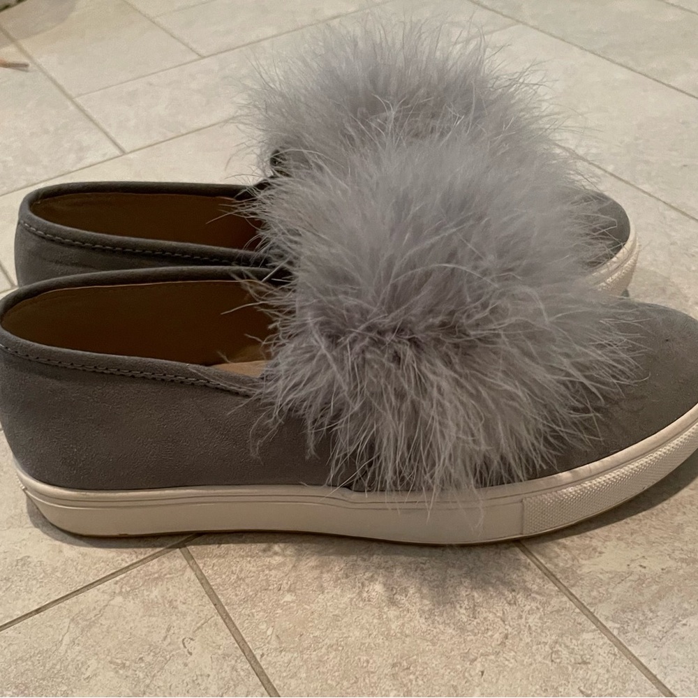 Grey suede Steve Madden loafers.